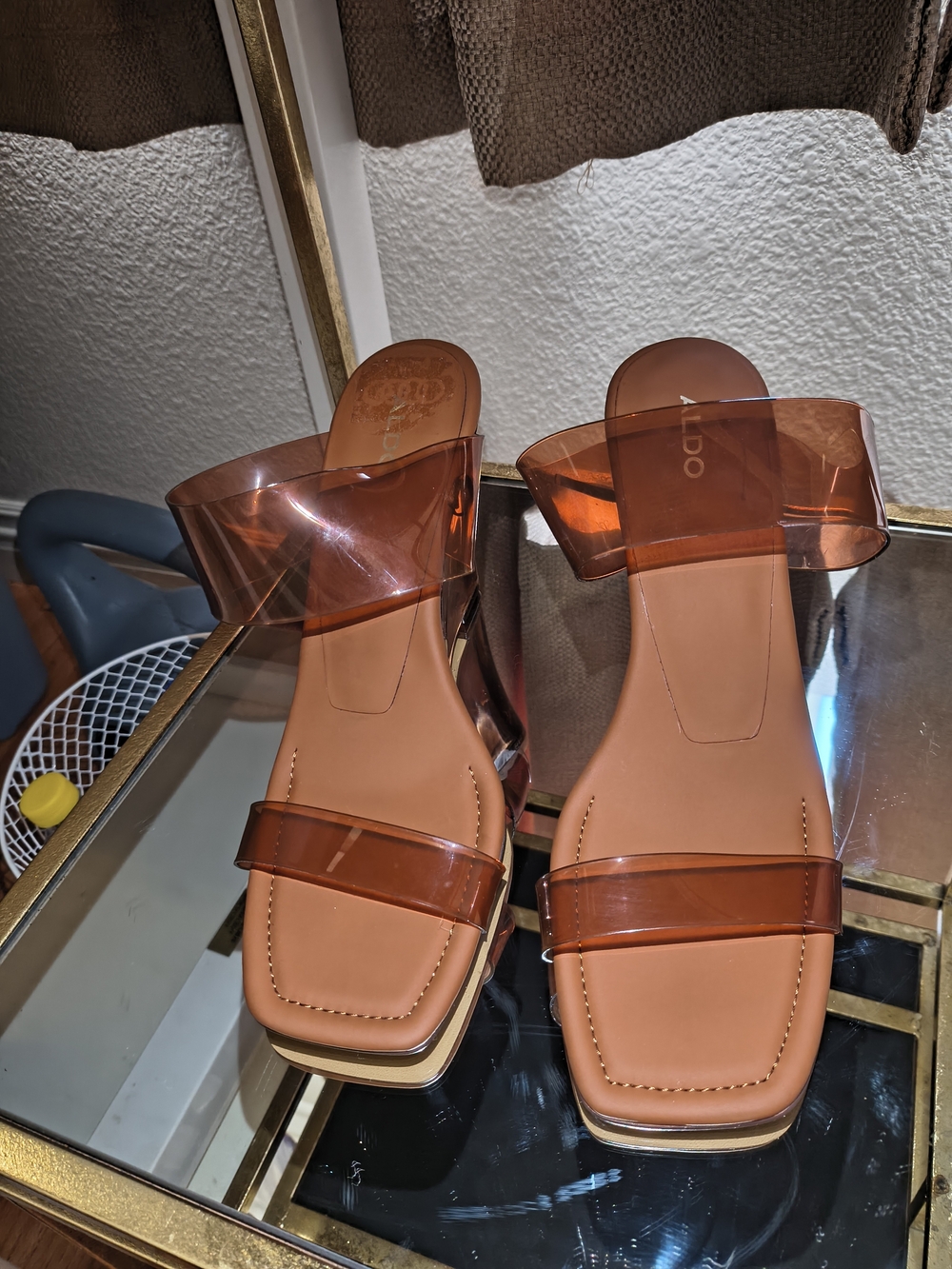 ALDO Women's Brown Clear Strap Slide Wedges